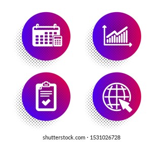 Calendar, Graph and Checklist icons simple set. Halftone dots button. Internet sign. Calculator device, Presentation diagram, Survey. World web. Education set. Classic flat calendar icon. Vector