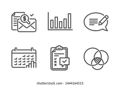 Calendar graph, Column chart and Accounting report icons simple set. Message, Checklist and Euler diagram signs. Annual report, Financial graph. Education set. Line calendar graph icon. Vector