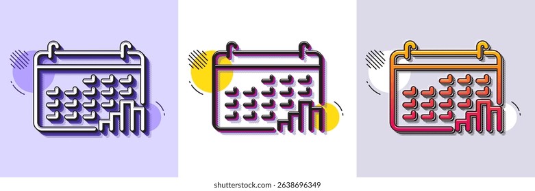Calendar graph line icon. Halftone dotted pattern. Gradient icon with grain shadow. Column chart sign. Growth diagram symbol. Line calendar graph icon. Various designs. Vector