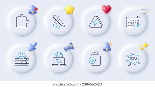 Kalender-Graphen, Puzzle und Idea-Linien-Symbole. Tasten mit 3D-Glocke, Chatsprache, Cursor. Paket des Verifizierungsdokuments, Blitzschlag, Symbol erstellen. Internet, Chemie-Picktogramm Vektorgrafik