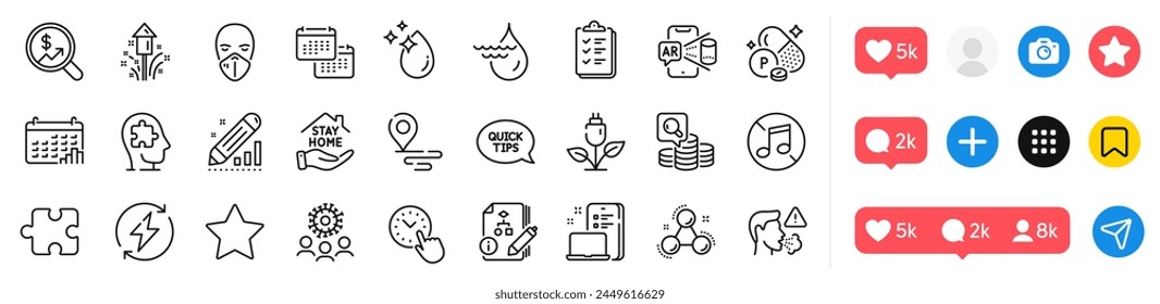 Calendar graph, Calendar and Star line icons pack. Social media icons. Eco power, Device, Water drop web icon. Place, Currency audit, Phosphorus mineral pictogram. Vector