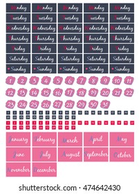 Calendar graphics resources,for creating wall calendar,desk,agenda planners,organizers and more calendars.Monthly,weekly,daily etc.Vector clipart.Clipart