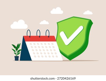 Calendario y escudo verde con marca de verificación. La esclavitud. Día laborable sin días libres, sin licencia por enfermedad, sin vacaciones. Ilustración vectorial plana.