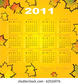 Calendar grid of 2011 year on autumn-leaf abstract background. English variant. Vector illustration.
