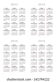 The calendar grid for 2013,2014,2015,2016 on a white background, start on Sunday, vector