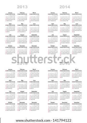 The calendar grid for 2013,2014,2015,2016 on a white background, start on Sunday, vector