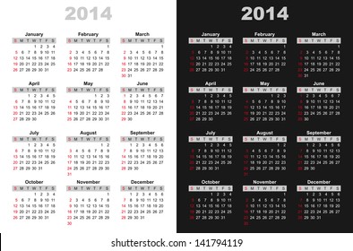 The calendar grid for 2014 of black letters on a white background and white letters on a black background, start on Sunday, vector