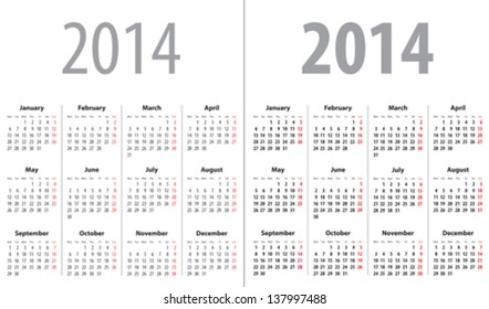 Calendar grid for 2014. Mondays first. Regular and bold grid. Vector illustration