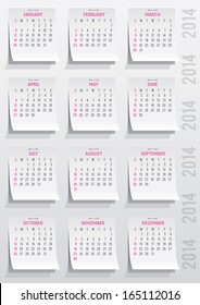 calendar grid of 2014 year on realistic paper stickers