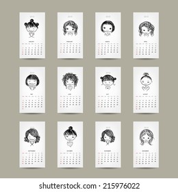 Calendar grid 2015, cute girls design