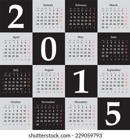 Calendar grid 2015, vector template with black, gray and white colors. Beginning of week - monday. Ideal for print.