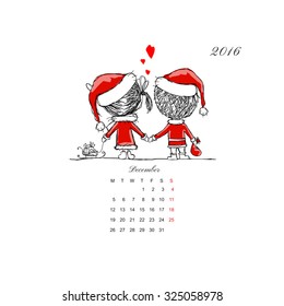 Calendar grid 2016 design. Couple in love together. Vector illustration