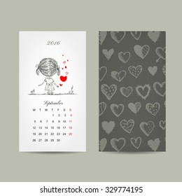 Calendar grid 2016 design. Couple in love. Vector illustration