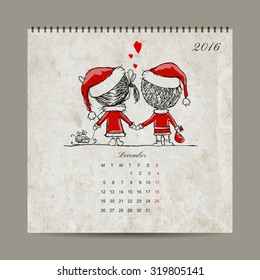 Calendar grid 2016 design, december. Couple in love together. Vector illustration