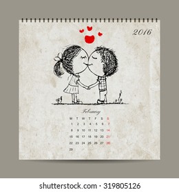 Calendar grid 2016 design, february. Couple in love together. Vector illustration