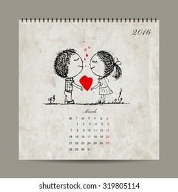 Calendar grid 2016 design, march. Couple in love together. Vector illustration