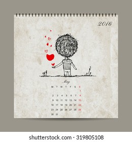 Calendar grid 2016 design, may. Couple in love together. Vector illustration