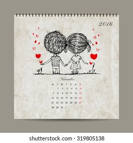 Calendar grid 2016 design, november. Couple in love together. Vector illustration