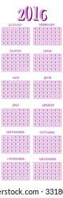 Calendar grid for 2016. Purple on white background. Vector illustration