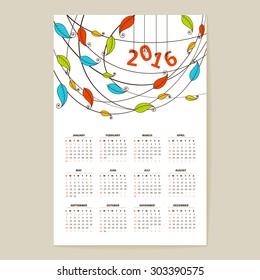 Calendar grid for 2016. A vector.