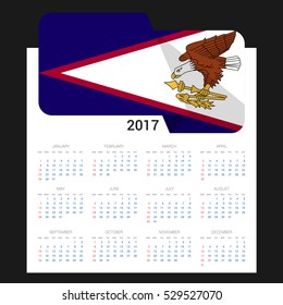 Calendar grid for 2017 with American Samoa flag on 2017. National flag on a Black background with shadow. Sundays first. Best for business and office needs. Vector illustration