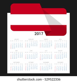 Calendar grid for 2017 with Austria flag on 2017. National flag on a Black background with shadow. Sundays first. Best for business and office needs. Vector illustration
