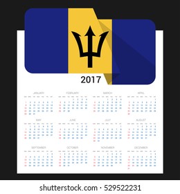Calendar grid for 2017 with Barbados flag on 2017. National flag on a Black background with shadow. Sundays first. Best for business and office needs. Vector illustration