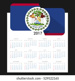 Calendar grid for 2017 with Belize flag on 2017. National flag on a Black background with shadow. Sundays first. Best for business and office needs. Vector illustration