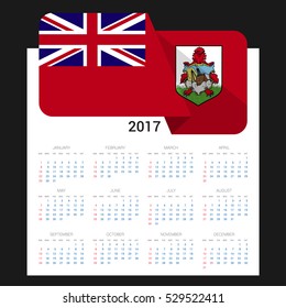 Calendar grid for 2017 with Bermuda flag on 2017. National flag on a Black background with shadow. Sundays first. Best for business and office needs. Vector illustration