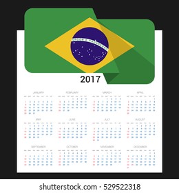 Calendar grid for 2017 with Brazil flag on 2017. National flag on a Black background with shadow. Sundays first. Best for business and office needs. Vector illustration