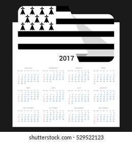 Calendar grid for 2017 with Brittany flag on 2017. National flag on a Black background with shadow. Sundays first. Best for business and office needs. Vector illustration