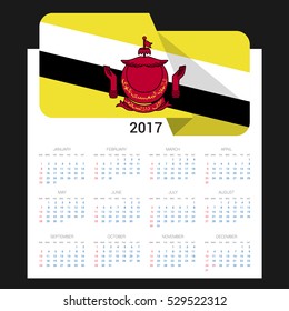 Calendar grid for 2017 with Brunei flag on 2017. National flag on a Black background with shadow. Sundays first. Best for business and office needs. Vector illustration