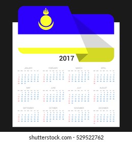 Calendar grid for 2017 with Buryatia flag on 2017. National flag on a Black background with shadow. Sundays first. Best for business and office needs. Vector illustration