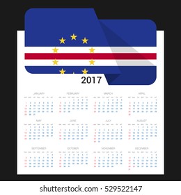 Calendar grid for 2017 with Cape Verde flag on 2017. National flag on a Black background with shadow. Sundays first. Best for business and office needs. Vector illustration