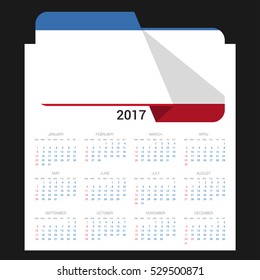 Calendar grid for 2017 with Crimea flag on 2017. National flag on a Black background with shadow. Sundays first. Best for business and office needs. Vector illustration