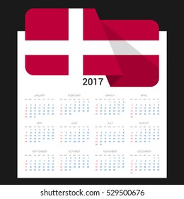 Calendar grid for 2017 with Denmark flag on 2017. National flag on a Black background with shadow. Sundays first. Best for business and office needs. Vector illustration