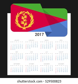 Calendar grid for 2017 with Eritrea flag on 2017. National flag on a Black background with shadow. Sundays first. Best for business and office needs. Vector illustration