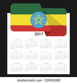 Calendar grid for 2017 with Ethiopia flag on 2017. National flag on a Black background with shadow. Sundays first. Best for business and office needs. Vector illustration