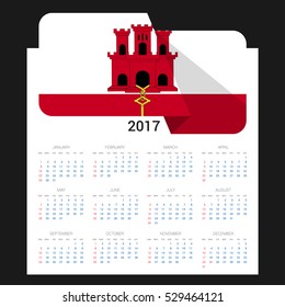 Calendar grid for 2017 with Gibraltar flag on 2017. National flag on a Black background with shadow. Sundays first. Best for business and office needs. Vector illustration