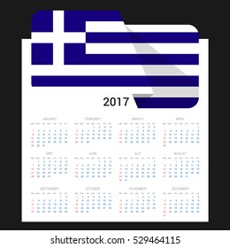 Calendar grid for 2017 with Greece flag on 2017. National flag on a Black background with shadow. Sundays first. Best for business and office needs. Vector illustration