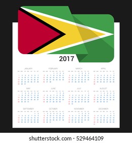 Calendar grid for 2017 with Guyana flag on 2017. National flag on a Black background with shadow. Sundays first. Best for business and office needs. Vector illustration