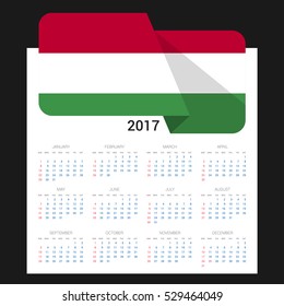 Calendar grid for 2017 with Hungary flag on 2017. National flag on a Black background with shadow. Sundays first. Best for business and office needs. Vector illustration