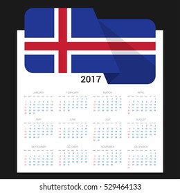 Calendar grid for 2017 with Iceland flag on 2017. National flag on a Black background with shadow. Sundays first. Best for business and office needs. Vector illustration