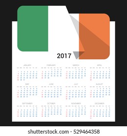 Calendar grid for 2017 with Ireland flag on 2017. National flag on a Black background with shadow. Sundays first. Best for business and office needs. Vector illustration