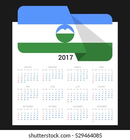 Calendar grid for 2017 with Kabardino Balkaria flag on 2017. National flag on a Black background with shadow. Sundays first. Best for business and office needs. Vector illustration
