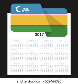 Calendar grid for 2017 with Karakalpakstan flag on 2017. National flag on a Black background with shadow. Sundays first. Best for business and office needs. Vector illustration