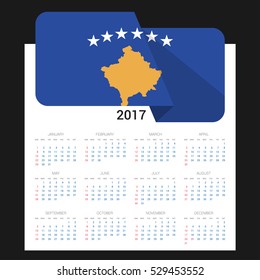 Calendar grid for 2017 with Kosovo flag on 2017. National flag on a Black background with shadow. Sundays first. Best for business and office needs. Vector illustration