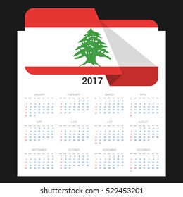 Calendar grid for 2017 with Lebanon flag on 2017. National flag on a Black background with shadow. Sundays first. Best for business and office needs. Vector illustration