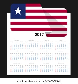 Calendar grid for 2017 with Liberia flag on 2017. National flag on a Black background with shadow. Sundays first. Best for business and office needs. Vector illustration