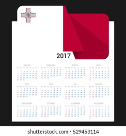 Calendar grid for 2017 with Malta flag on 2017. National flag on a Black background with shadow. Sundays first. Best for business and office needs. Vector illustration